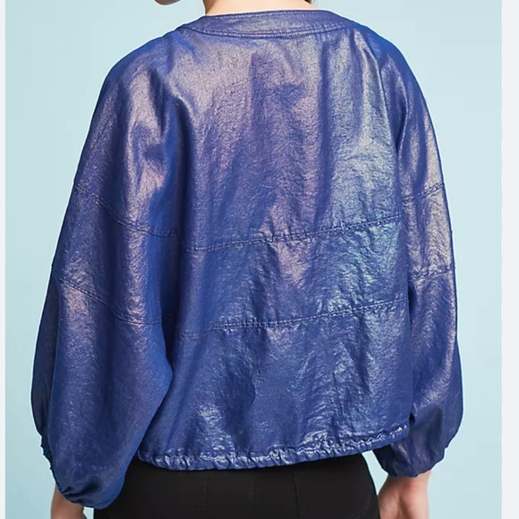 Anthropologie Elevenses Raquel Blue Bubble Jacket Batwing Linen Blend Size M/L - Picture 12 of 13